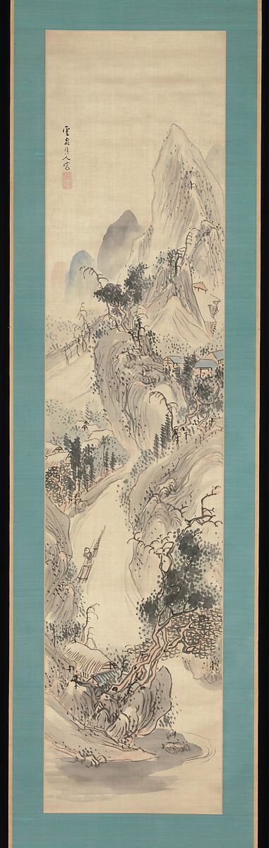 Landscape, Kushiro Unsen (Japanese, 1759–1811), Hanging scroll; ink and color on satin, Japan 