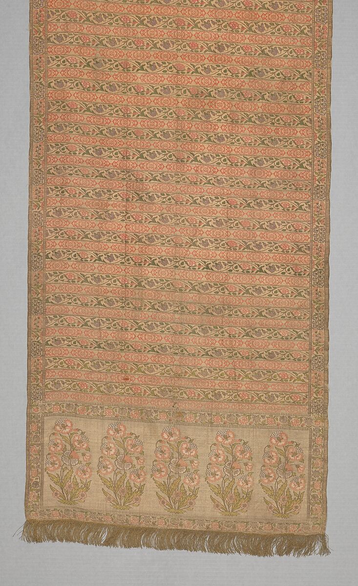 Sash with Flowering Plants, Silk, silver and gilded metal wrapped thread; taqueté, brocaded