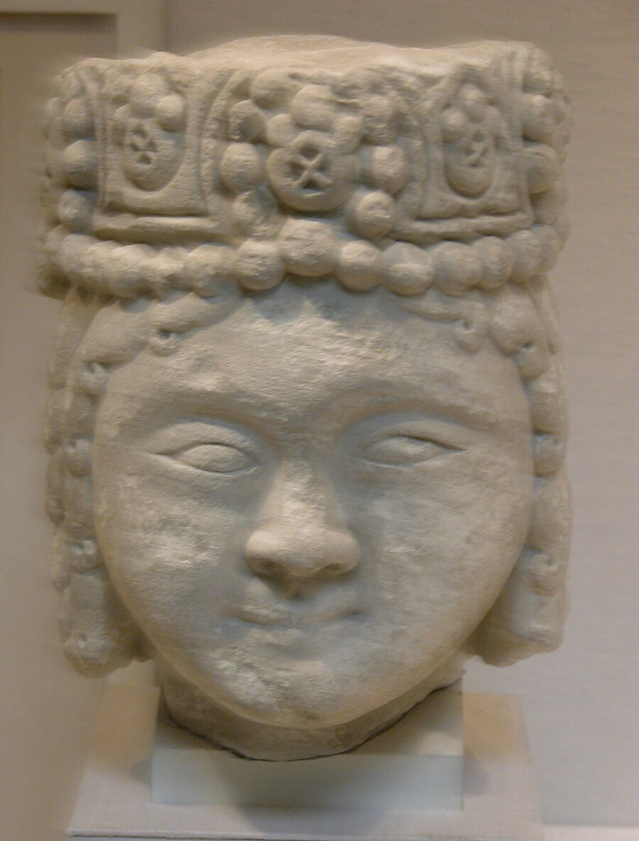 Head from a Figure with a Beaded Headdress, Fossiliferous limestone; carved, drilled