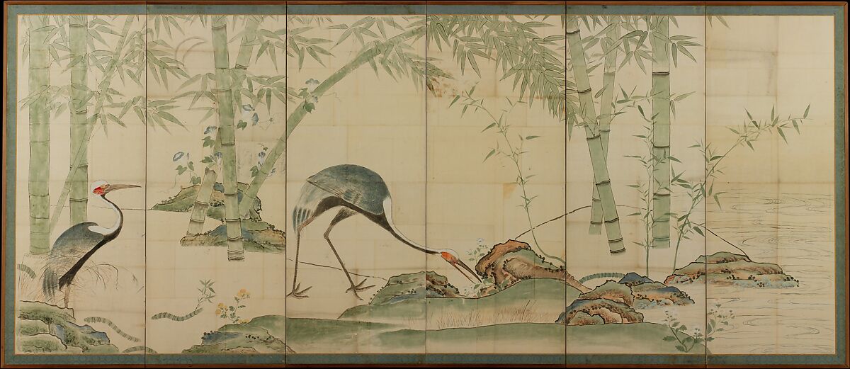 Cranes, Pines, and Bamboo, Ogata Kōrin (Japanese, 1658–1716), Pair of folding screens; ink and color on paper, Japan