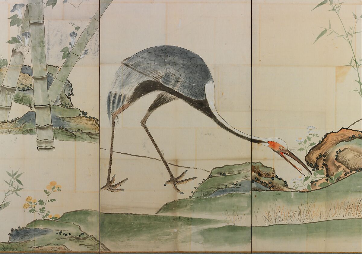 Cranes, Pines, and Bamboo, Ogata Kōrin (Japanese, 1658–1716), Pair of folding screens; ink and color on paper, Japan