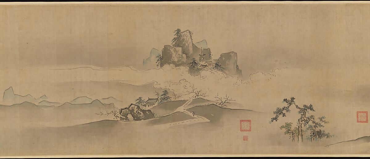 Eight Views of the Xiao and Xiang Rivers, Kano Tsunenobu (Japanese, 1636–1713), Handscroll; ink and color on silk, Japan