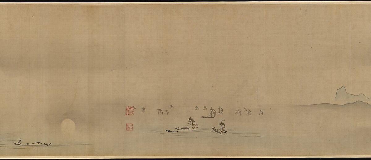 Eight Views of the Xiao and Xiang Rivers, Kano Tsunenobu (Japanese, 1636–1713), Handscroll; ink and color on silk, Japan