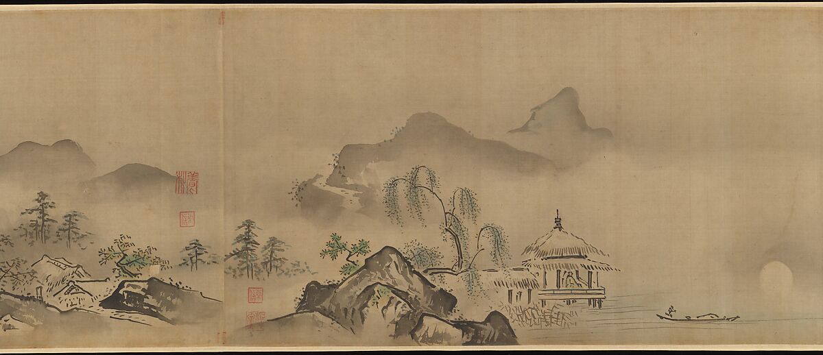 Eight Views of the Xiao and Xiang Rivers, Kano Tsunenobu (Japanese, 1636–1713), Handscroll; ink and color on silk, Japan