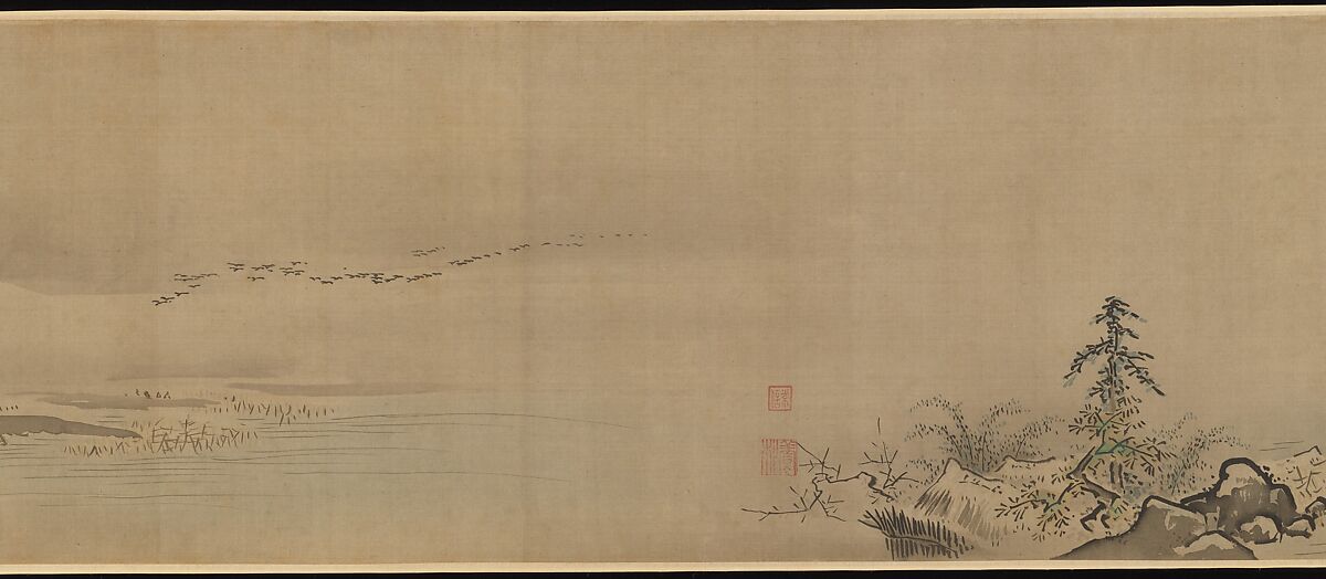 Eight Views of the Xiao and Xiang Rivers, Kano Tsunenobu (Japanese, 1636–1713), Handscroll; ink and color on silk, Japan