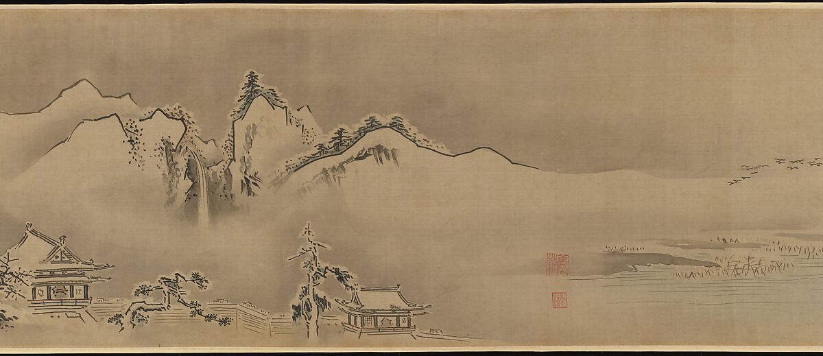 Eight Views of the Xiao and Xiang Rivers, Kano Tsunenobu (Japanese, 1636–1713), Handscroll; ink and color on silk, Japan