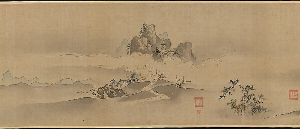 Eight Views of the Xiao and Xiang Rivers, Kano Tsunenobu (Japanese, 1636–1713), Handscroll; ink and color on silk, Japan 