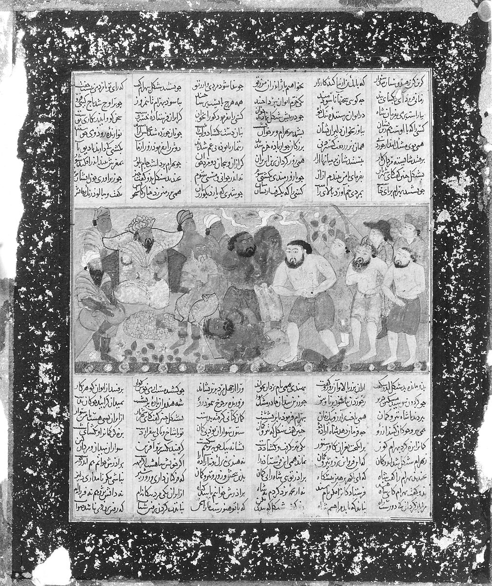 "Bahram Gur Exhibiting his Prowess in Wrestling at the Court of Shangul, King of India", Folio from the First Small Shahnama (Book of Kings), Abu'l Qasim Firdausi (Iranian, Paj ca. 940/41–1020 Tus), Ink, opaque watercolor, and gold on paper