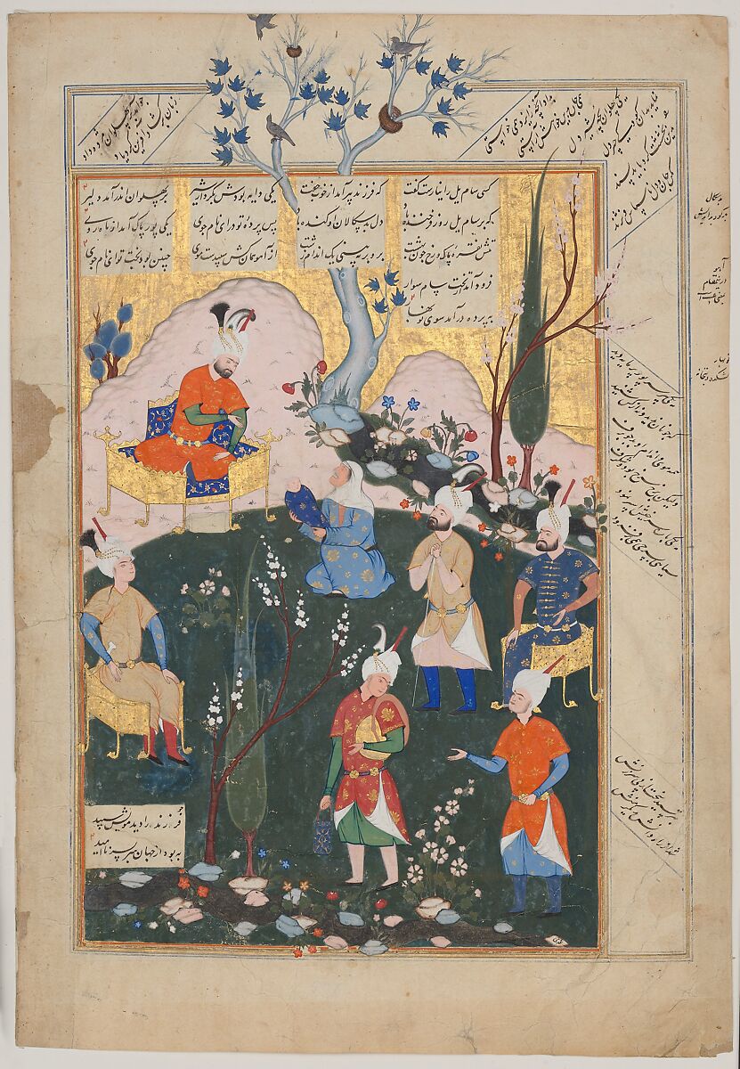 "Birth of Zal", Folio from a Shahnama (Book of Kings), Abu'l Qasim Firdausi  Iranian, Ink, opaque watercolor, and gold on paper
