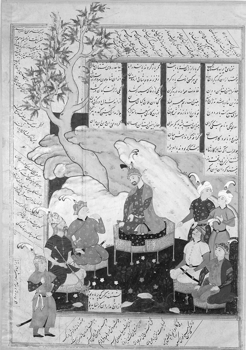 "Luhrasp Hears from the Returning Paladins of the Vanishing Kai Khusrau", Folio from a Shahnama (Book of Kings) of Firdausi, Abu'l Qasim Firdausi (Iranian, Paj ca. 940/41–1020 Tus), Ink, opaque watercolor, and gold on paper