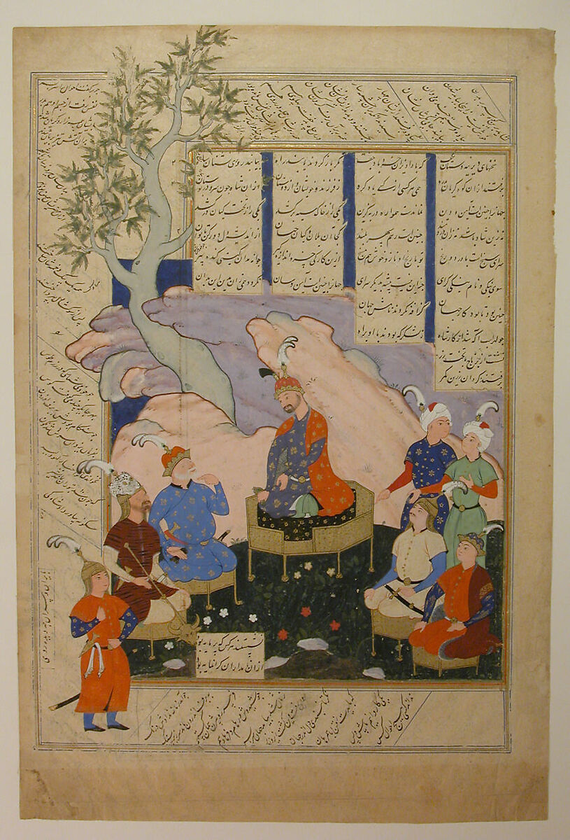 "Luhrasp Hears from the Returning Paladins of the Vanishing Kai Khusrau", Folio from a Shahnama (Book of Kings) of Firdausi, Abu'l Qasim Firdausi (Iranian, Paj ca. 940/41–1020 Tus), Ink, opaque watercolor, and gold on paper