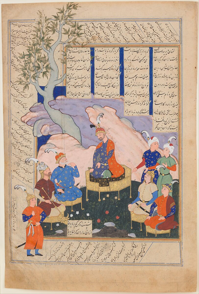 "Luhrasp Hears from the Returning Paladins of the Vanishing Kai Khusrau", Folio from a Shahnama (Book of Kings) of Firdausi, Abu&#39;l Qasim Firdausi (Iranian, Paj ca. 940/41–1020 Tus), Ink, opaque watercolor, and gold on paper 