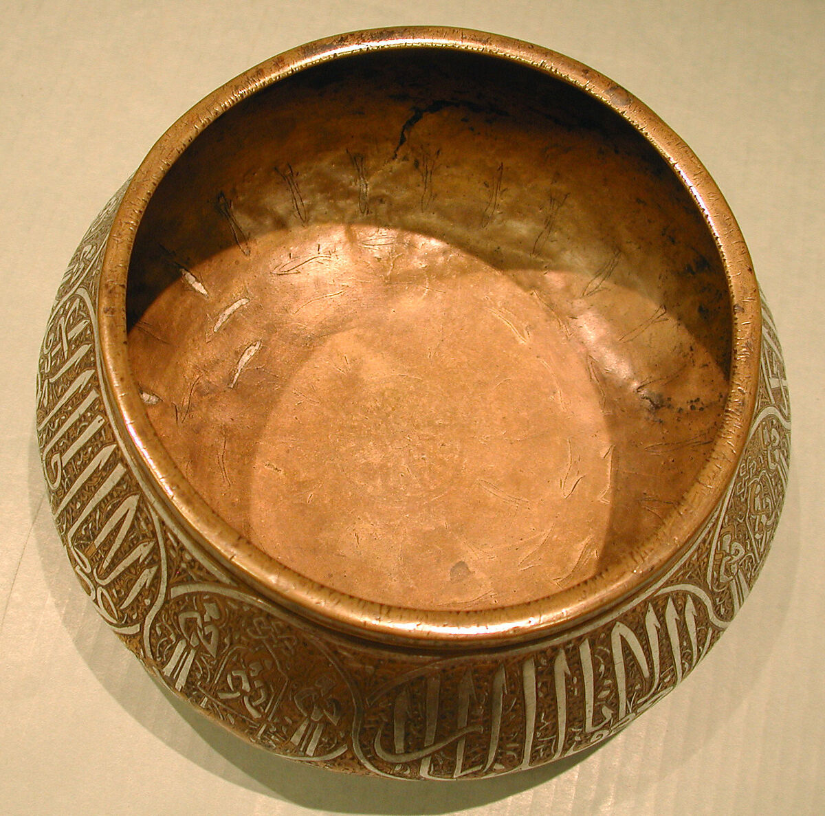 Bowl, Brass; engraved and inlaid with silver