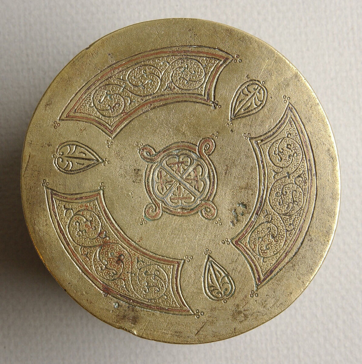 Inkwell with Lid, Bronze; inlaid with silver and copper