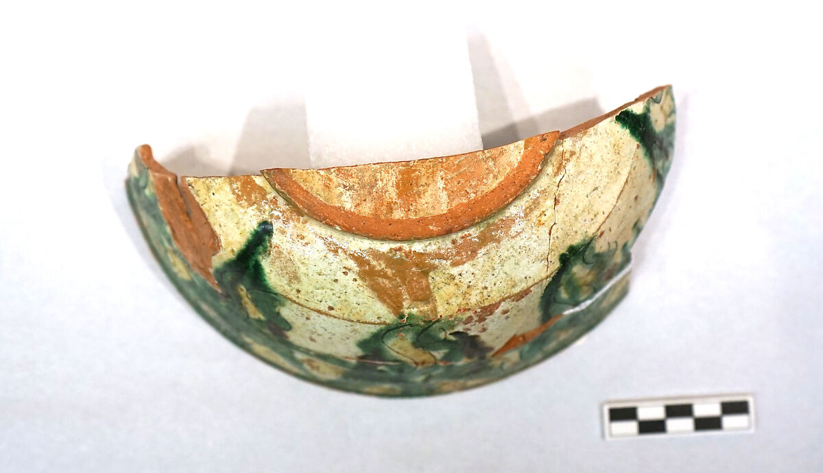 Vessel with Splashed Decoration, Earthenware; white slip, incised and splashed with polychrome glazes under transparent glaze (sgraffito ware)