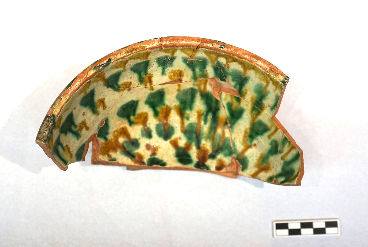 Vessel with Splashed Decoration, Earthenware; white slip, incised and splashed with polychrome glazes under transparent glaze (sgraffito ware)