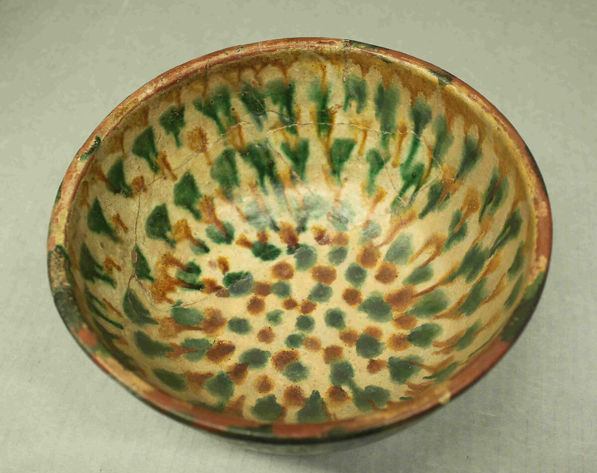 Vessel with Splashed Decoration, Earthenware; white slip, incised and splashed with polychrome glazes under transparent glaze (sgraffito ware)