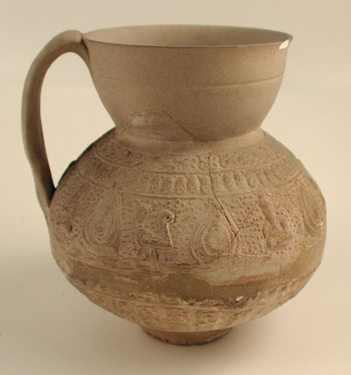 Ewer, Earthenware; molded decoration, unglazed