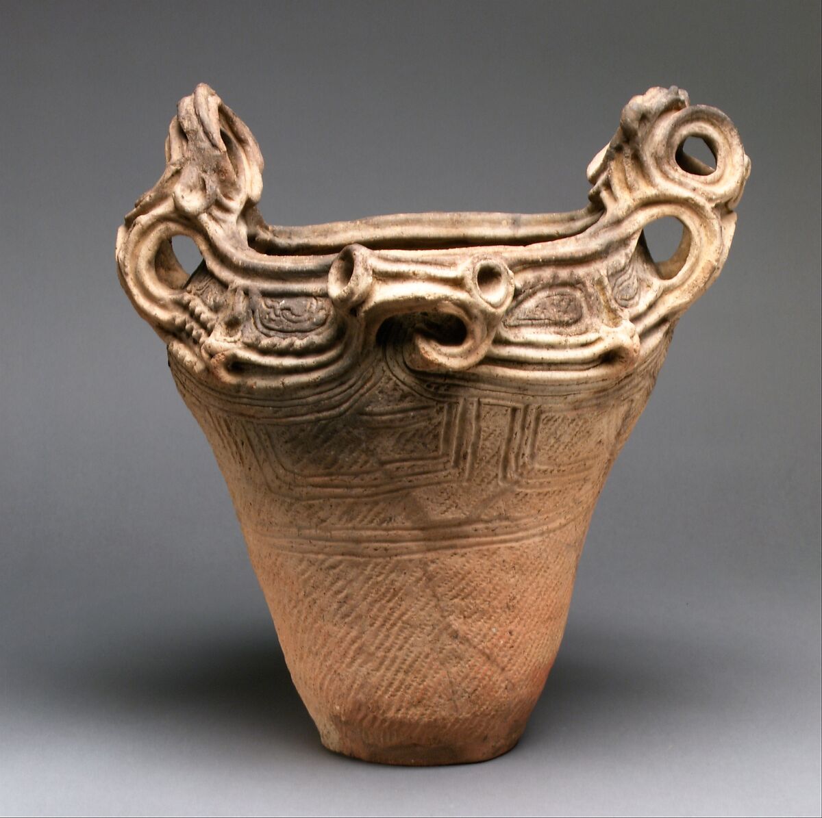 “Flame-rimmed” deep bowl (kaen doki), Earthenware with cord-marked and incised decoration, Japan 
