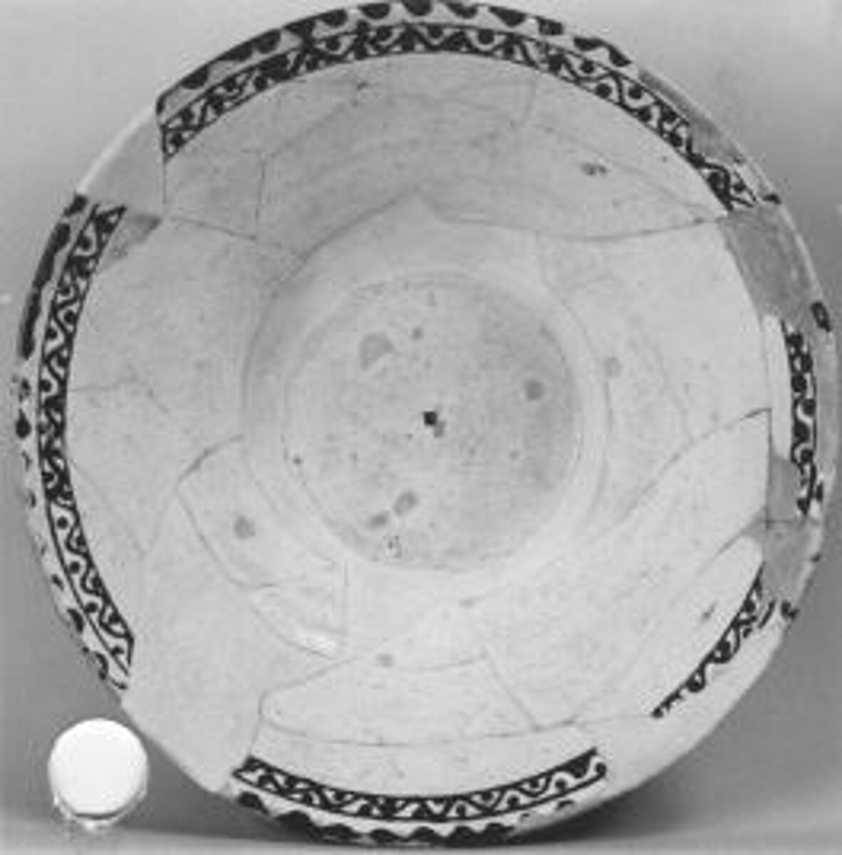 Bowl with Black and White Geometric Decoration, Earthenware; white slip with black slip decoration under transparent glaze 