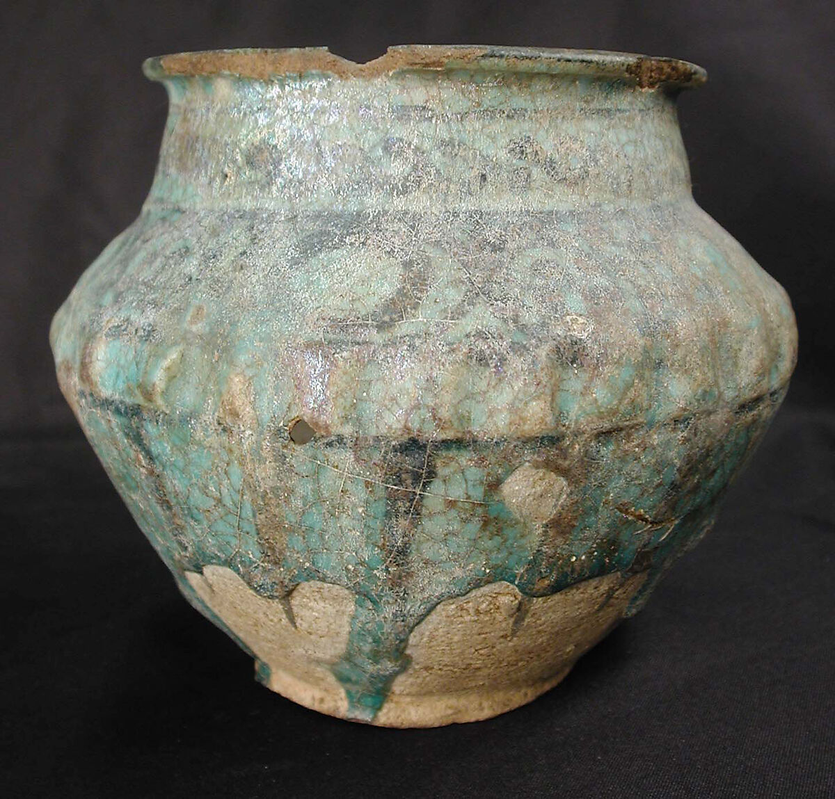 Jar, Earthenware; decorated in black under turquoise glaze 