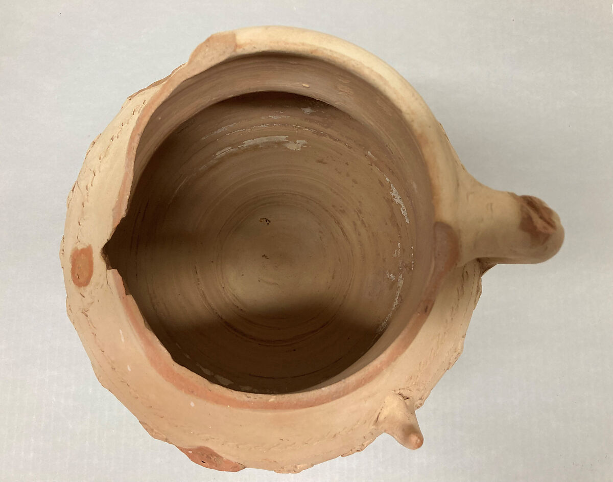 Jug, Earthenware; applied, stamped and incised decoration, unglazed