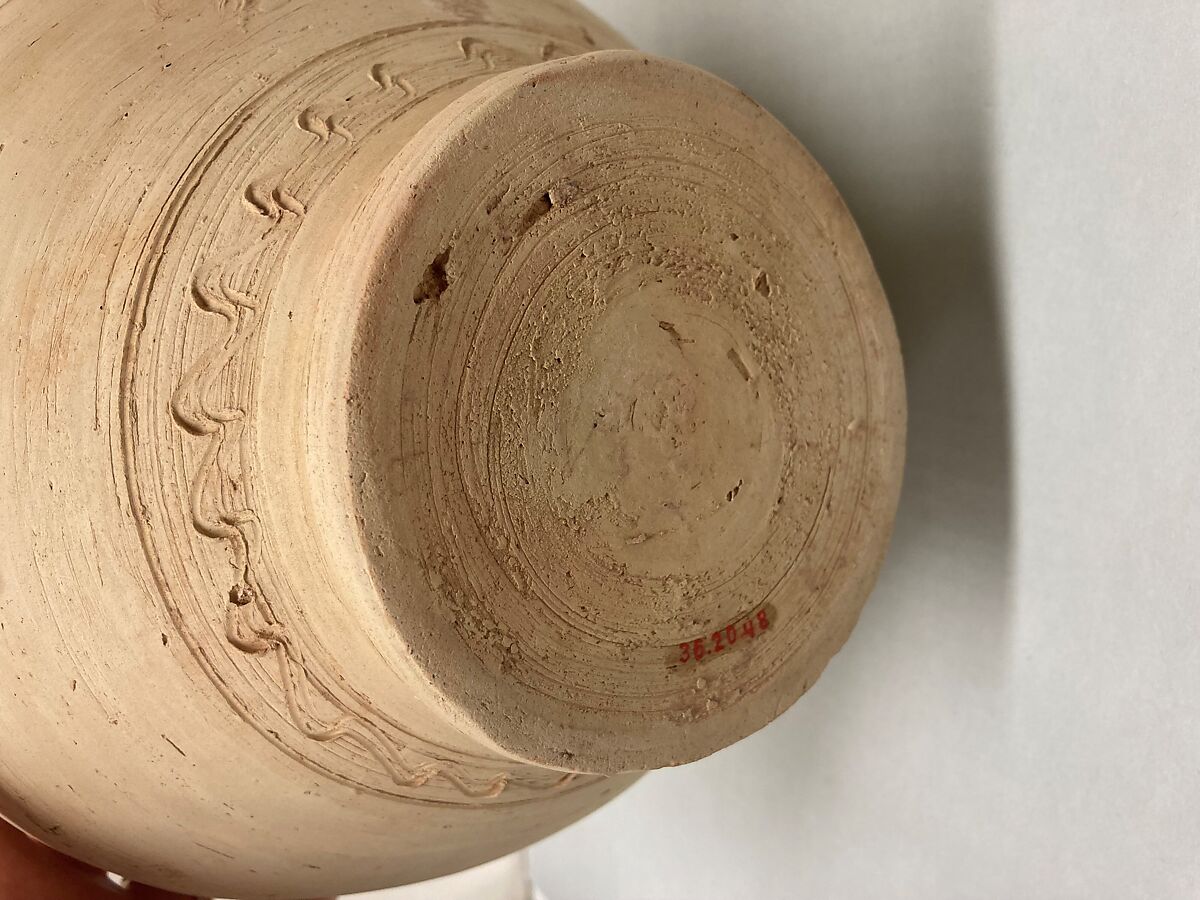 Jug, Earthenware; applied, stamped and incised decoration, unglazed