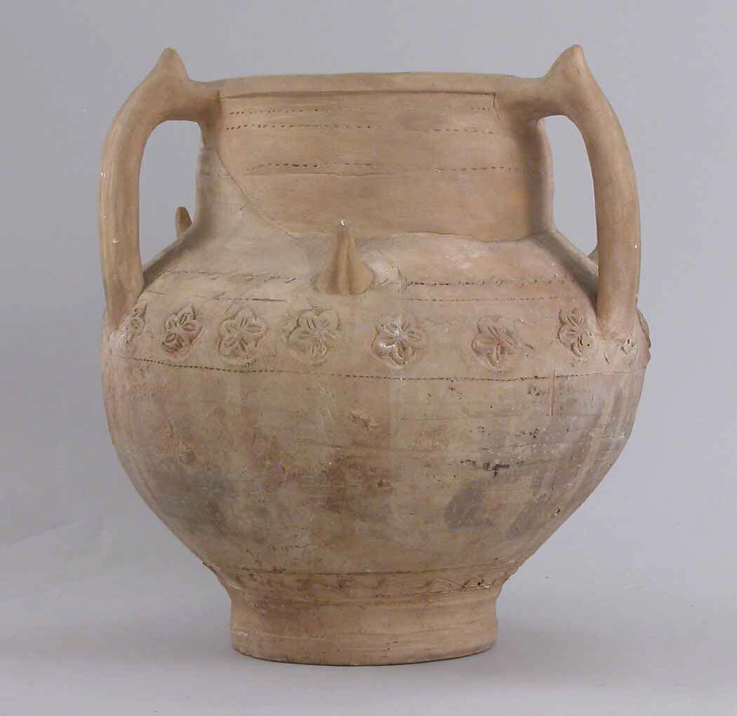 Jug, Earthenware; applied, stamped and incised decoration, unglazed 