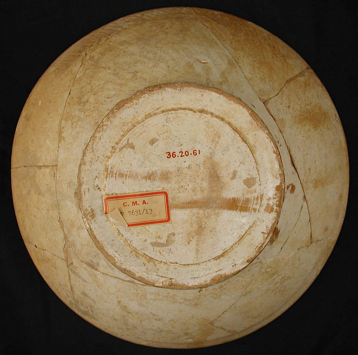 Bowl, Earthenware; slip covered with black decoration under transparent glaze