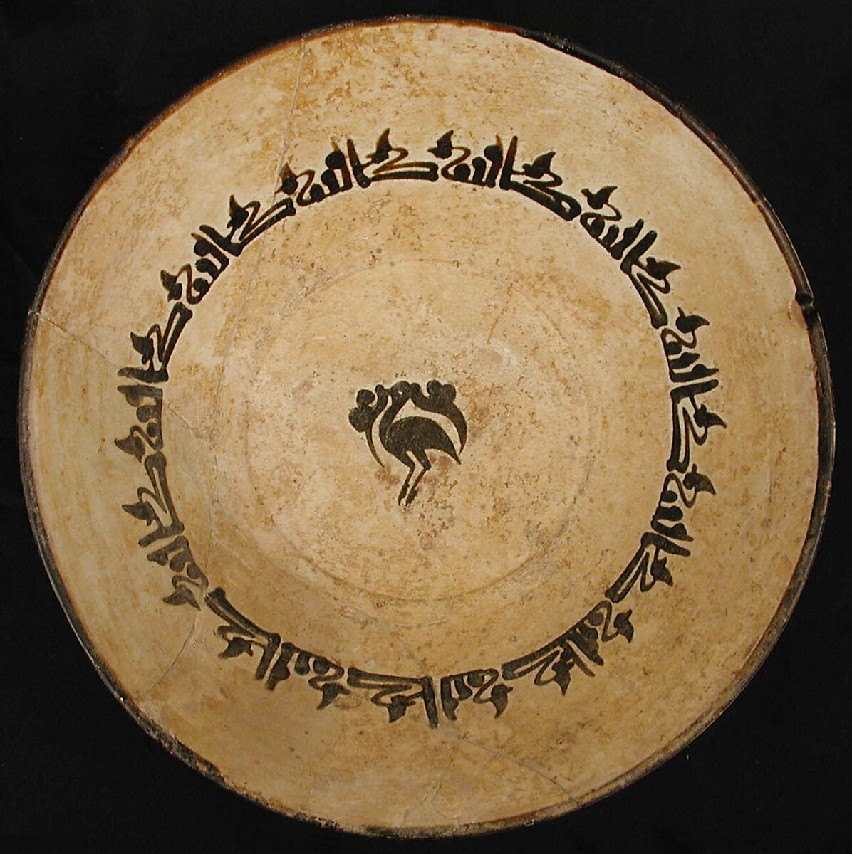 Bowl, Earthenware; white slip with black slip decoration under transparent glaze 