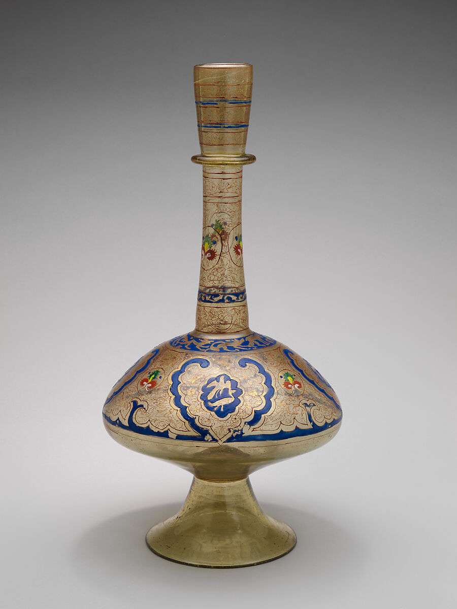 Long-Necked Bottle, Glass, colorless with green tinge; blown, blown applied foot, applied decoration, enameled, and gilded