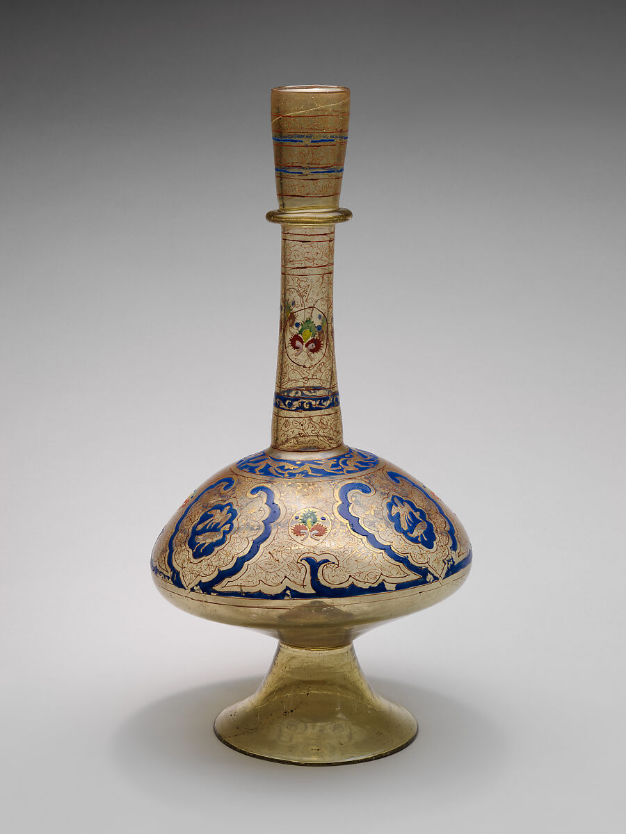 Long-Necked Bottle, Glass, colorless with green tinge; blown, blown applied foot, applied decoration, enameled, and gilded