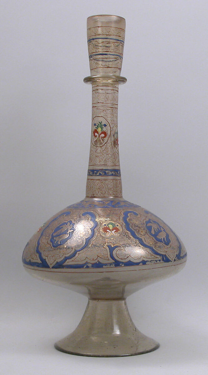 Long-Necked Bottle, Glass, colorless with green tinge; blown, blown applied foot, applied decoration, enameled, and gilded