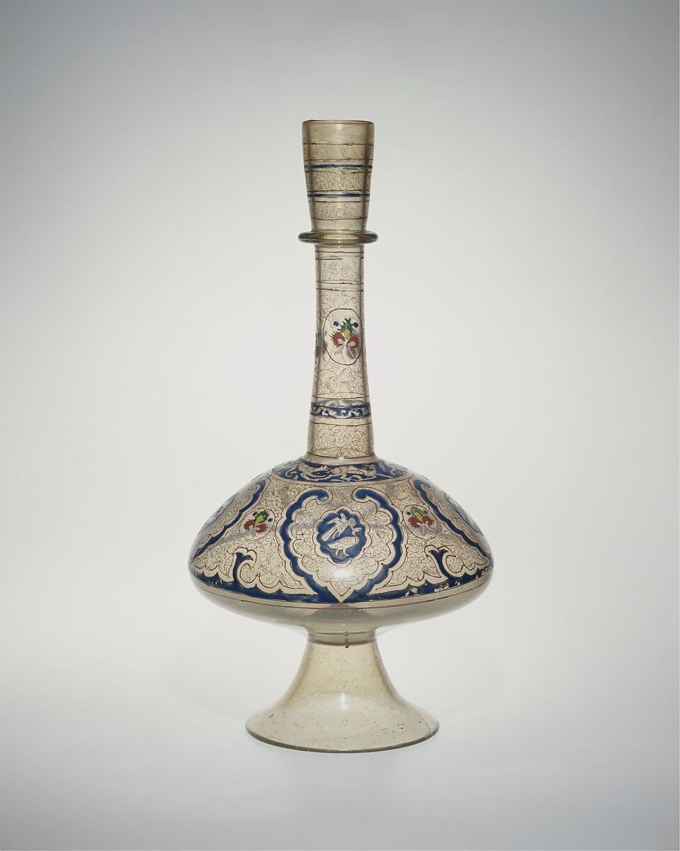 Long-Necked Bottle, Glass, colorless with green tinge; blown, blown applied foot, applied decoration, enameled, and gilded