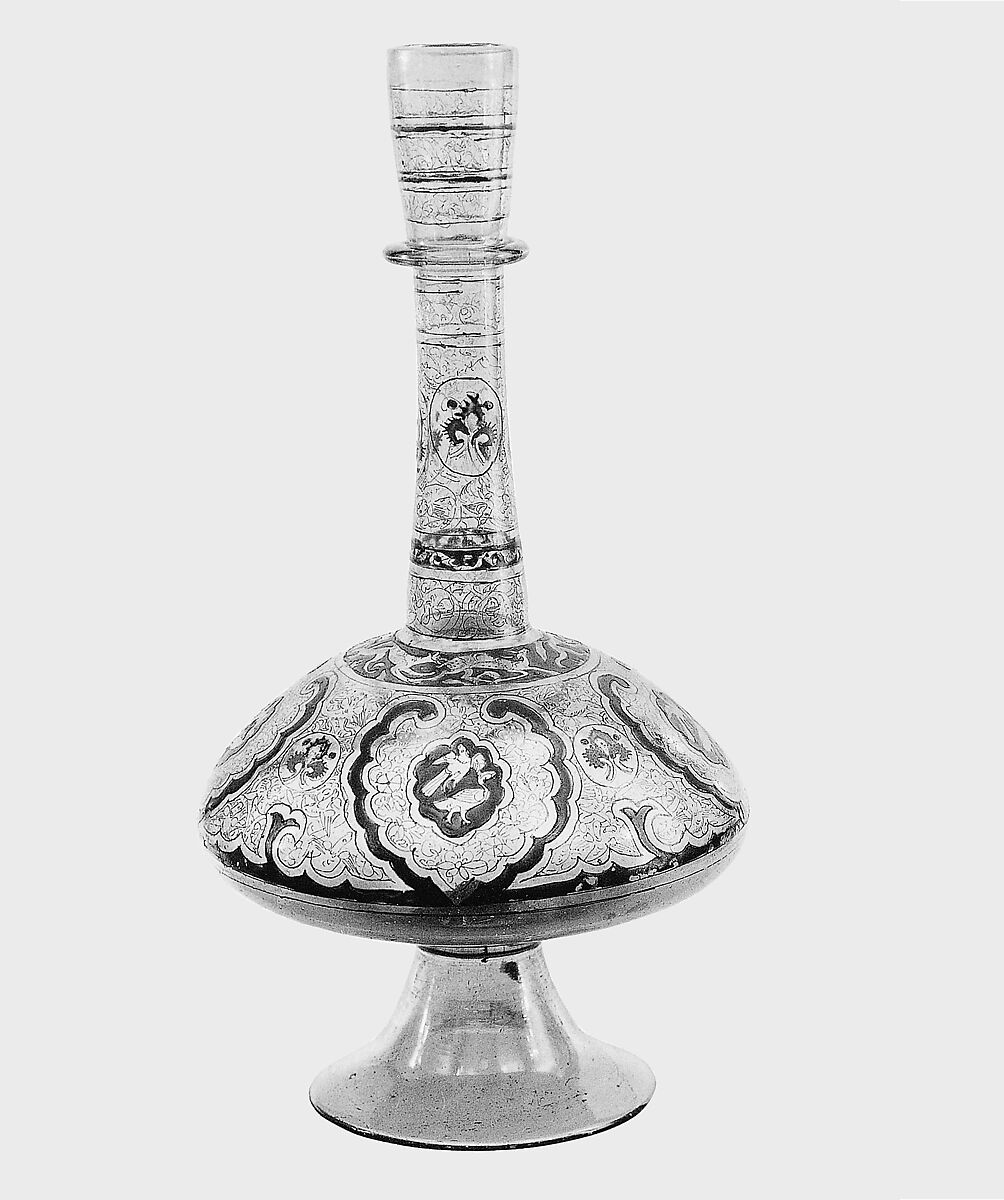 Long-Necked Bottle, Glass, colorless with green tinge; blown, blown applied foot, applied decoration, enameled, and gilded