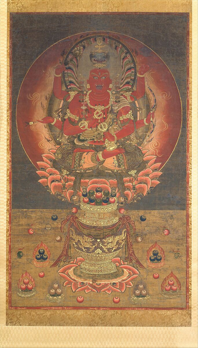 The Wisdom King Aizen (Aizen Myōō), Hanging scroll; ink, color, gold, and cut gold leaf (kirikane) on silk, Japan 