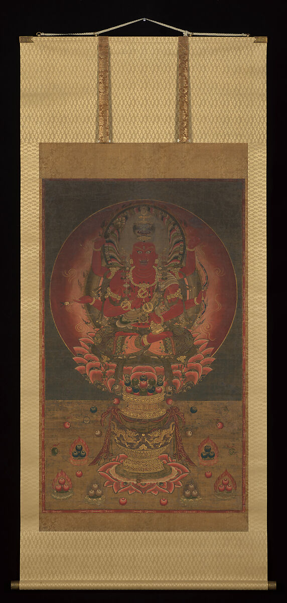 The Wisdom King Aizen (Aizen Myōō), Hanging scroll; ink, color, gold, and cut gold leaf (kirikane) on silk, Japan