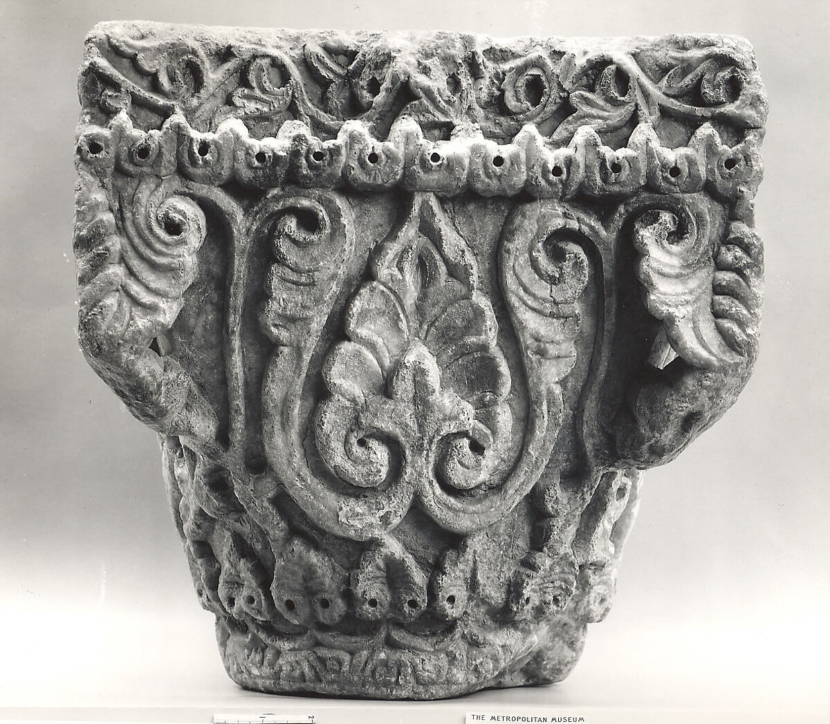Capital with Palmettes and Leaves, Alabaster, gypsum; carved in relief