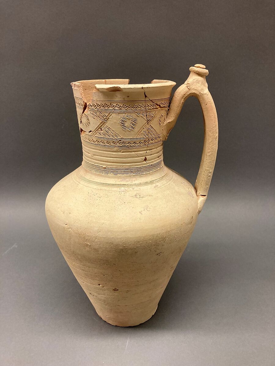 Jug, Earthenware; slip covered and incised, unglazed
