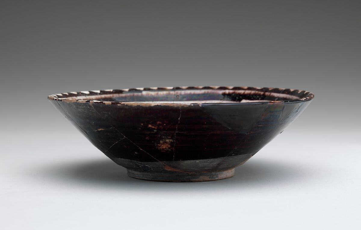 Bowls with Repeating Inscription, "Blessing", Earthenware; black slip with white slip decoration under transparent glaze