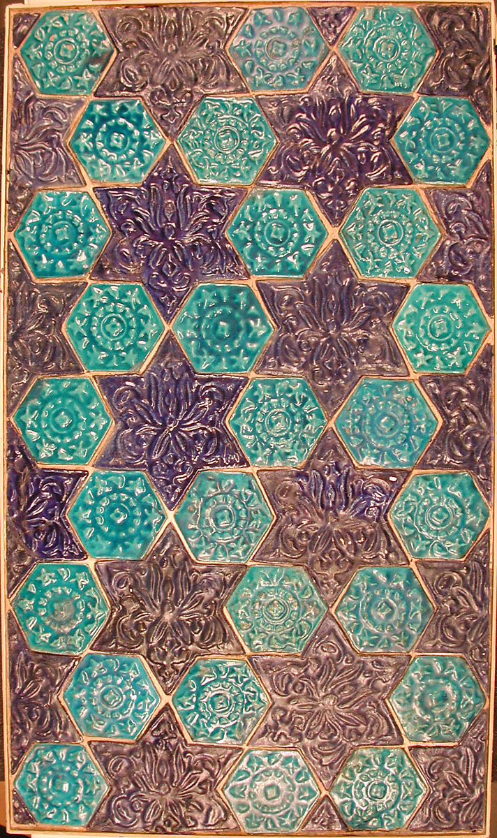 Star- and Hexagonal-Tile Panel, Stonepaste; polychrome tiles glazed in turquoise and blue and molded under transparent glaze 
