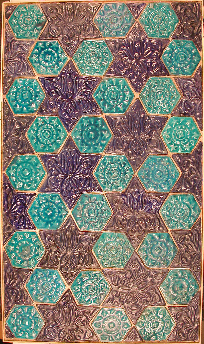 Star- and Hexagonal-Tile Panel, Stonepaste; polychrome tiles glazed in turquoise and blue and molded under transparent glaze