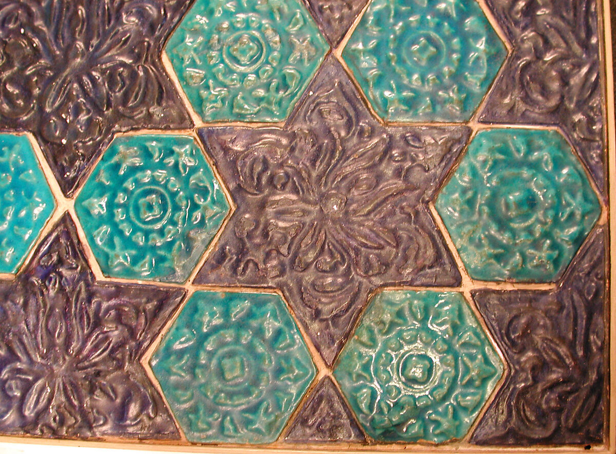 Star- and Hexagonal-Tile Panel, Stonepaste; polychrome tiles glazed in turquoise and blue and molded under transparent glaze