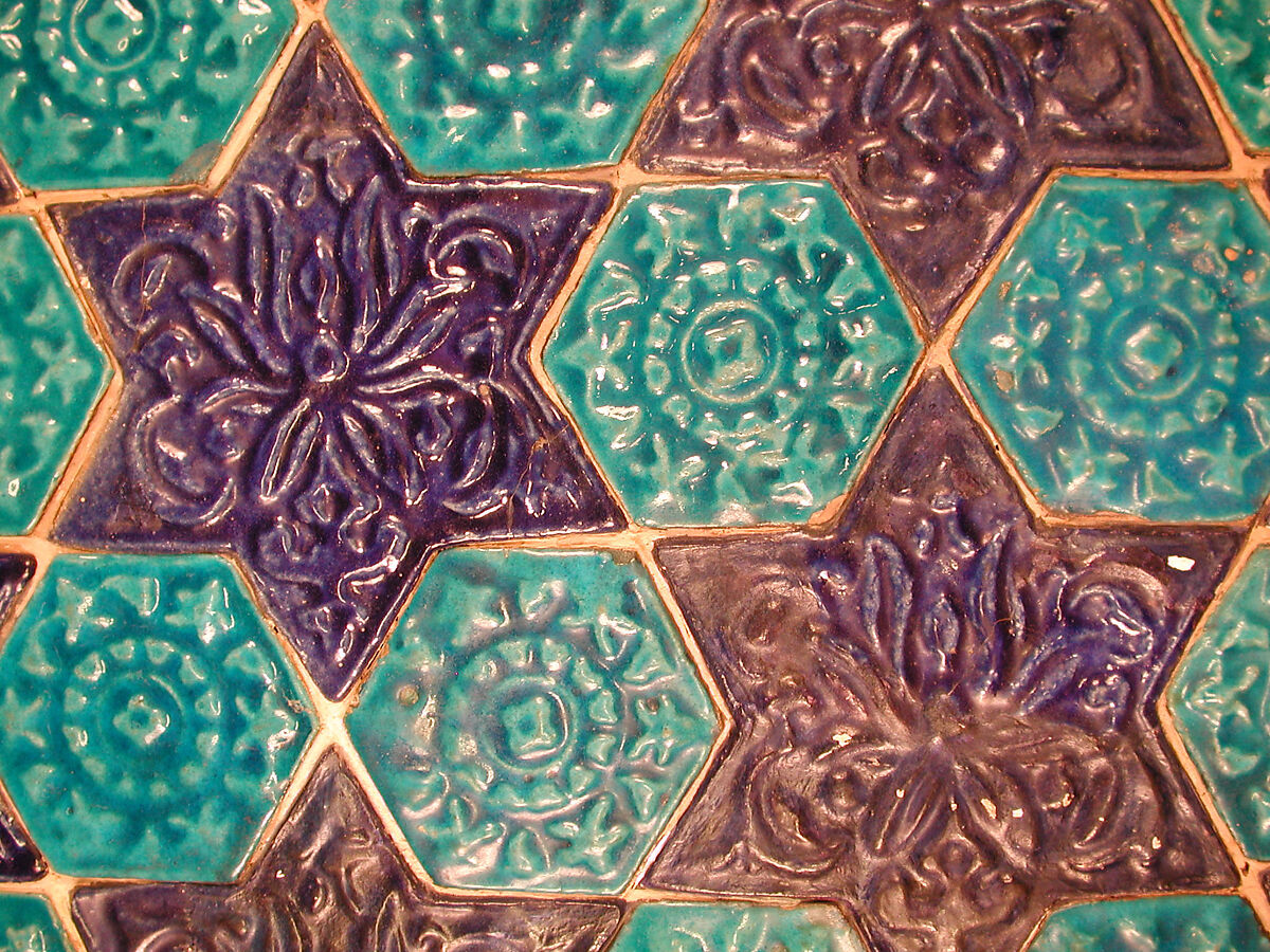 Star- and Hexagonal-Tile Panel, Stonepaste; polychrome tiles glazed in turquoise and blue and molded under transparent glaze