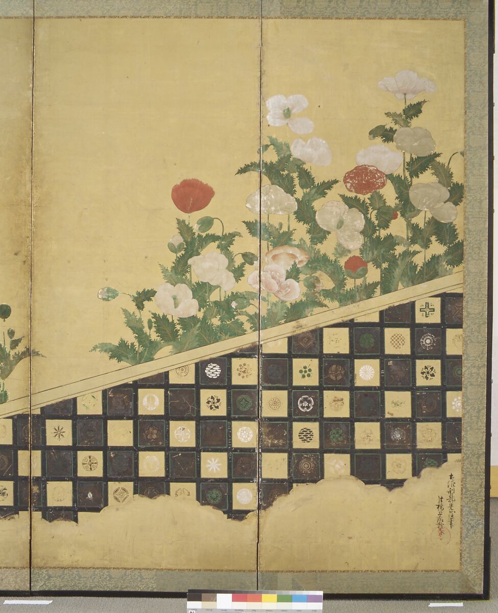Red and White Poppies, Traditionally attributed to Tosa Mitsumochi (active 1525–ca. 1559), Six-panel folding screen; ink, color, and gold leaf on paper , Japan