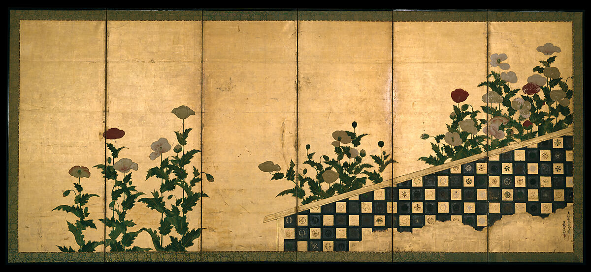 Red and White Poppies, Traditionally attributed to Tosa Mitsumochi (active 1525–ca. 1559), Six-panel folding screen; ink, color, and gold leaf on paper , Japan 