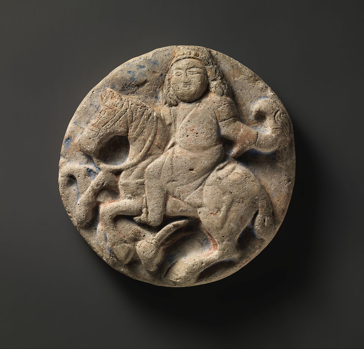 Roundel with a Mounted Falconer and Hare, Gypsum plaster; modeled, painted, and gilded 