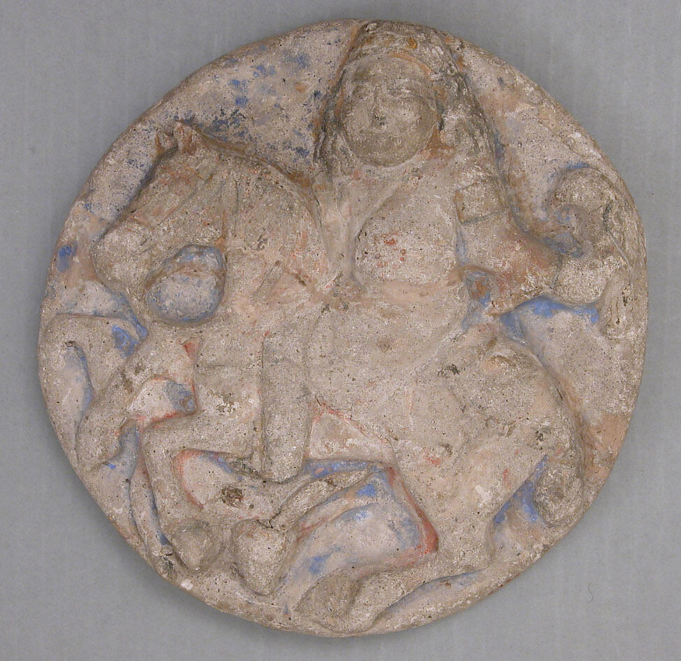 Roundel with a Mounted Falconer and Hare, Gypsum plaster; modeled, painted, and gilded