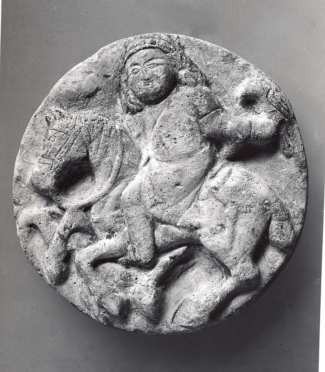 Roundel with a Mounted Falconer and Hare, Gypsum plaster; modeled, painted, and gilded