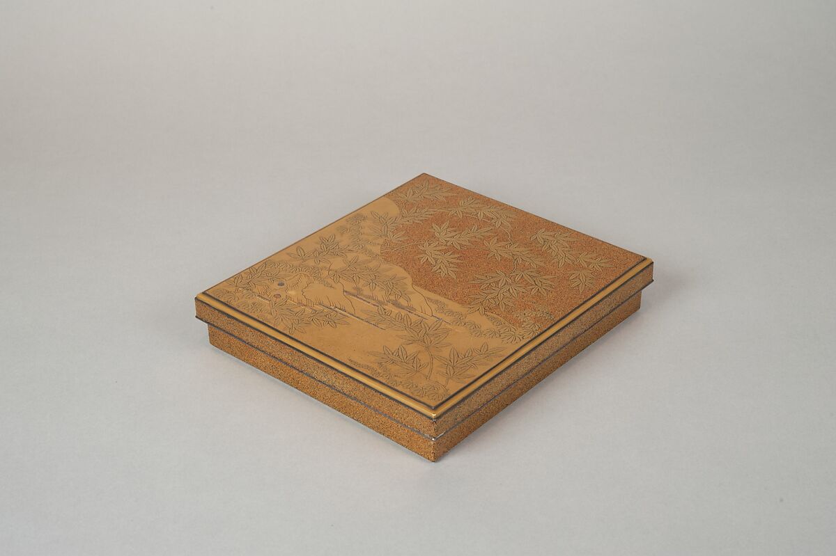 Writing Box (Suzuribako) with Episodes from the Tales of Ise (Ise monogatari), Nakayama Komin (Japanese, 1808–1870), Gold maki-e with inlaid silver on lacquer, Japan 